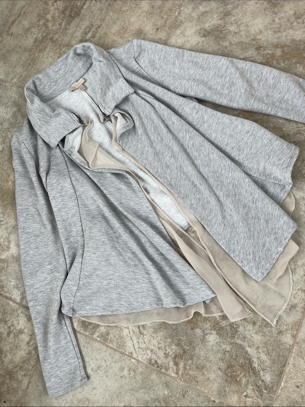 Anthropologie/ Bordeaux Light Gray Layered Zip-Front Jacket with Chiffon Hem